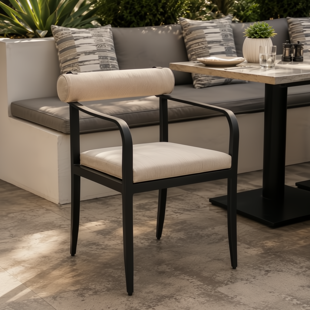 Surya Antibes dining chair with black aluminum frame and beige Sunbrella upholstery on a patio.