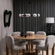 Four Surya Pico Dining Chairs with taupe polyester-linen upholstery and brown rubber wood bases around a round wooden table.