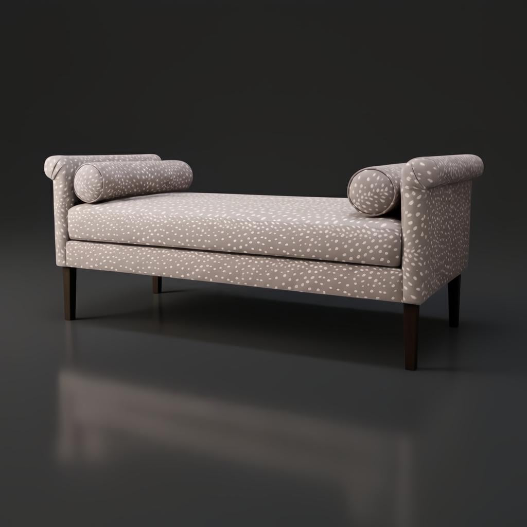 Surya Aneesa Bench, 60" wide, with a light brown spotted fabric and dark rubber wood legs.