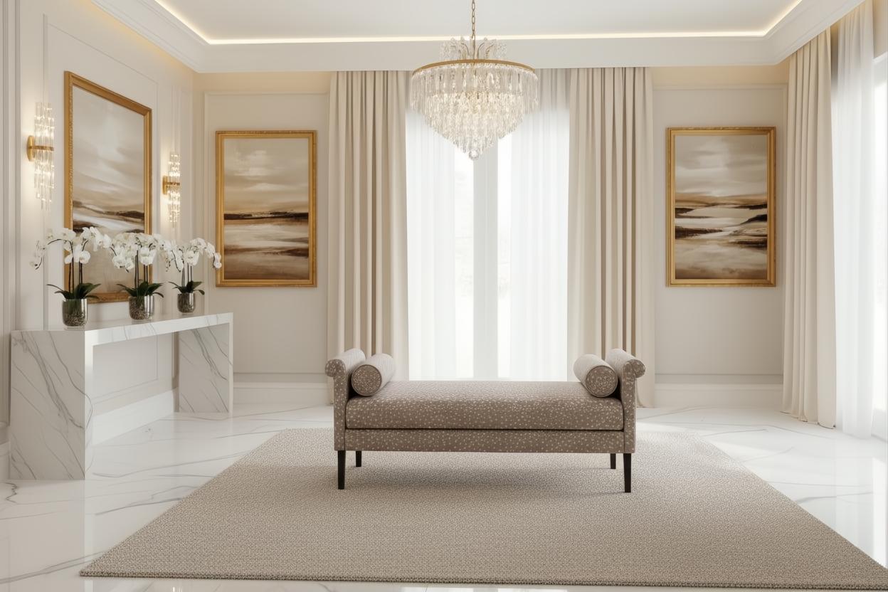 Surya Aneesa Bench with brown stained rubber wood base, wide 60" profile, and rolled armrests.