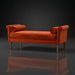 Surya Aneesa Bench with rust upholstery, brown rubber wood base, and bolster pillows.