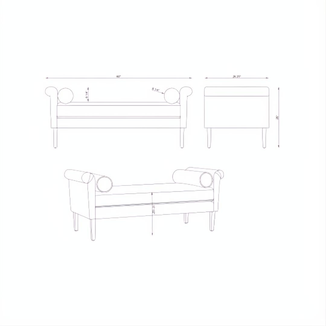 Technical drawing of Surya Aneesa Bench, showing front, side, and isometric views with dimensions.