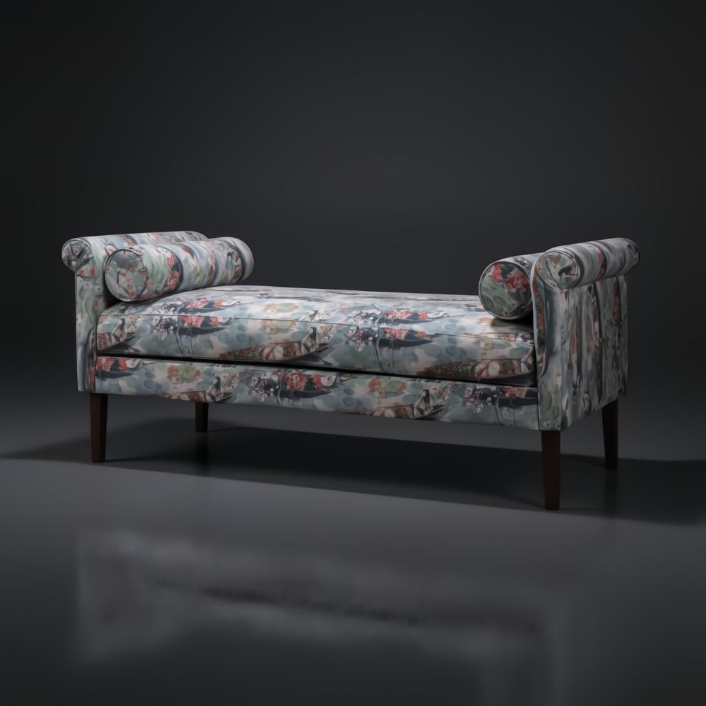Surya Aneesa Bench, 60" wide indoor bench with a brown rubber wood base and floral upholstered fabric.