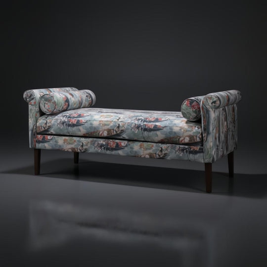 Surya Aneesa Bench, 60" wide indoor bench with a brown rubber wood base and floral upholstered fabric.