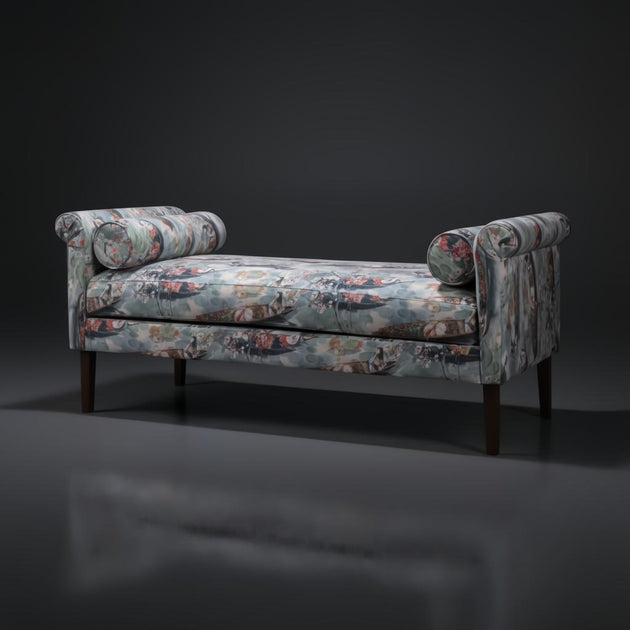 Surya Aneesa Bench, 60" wide indoor bench with a brown rubber wood base and floral upholstered fabric.