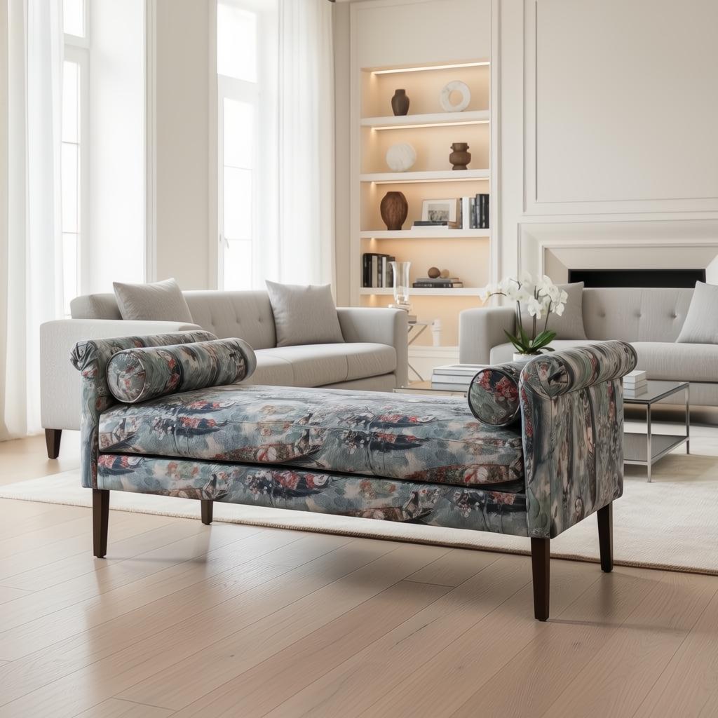 Surya Aneesa 60" wide indoor bench with floral upholstery and brown rubber wood legs.