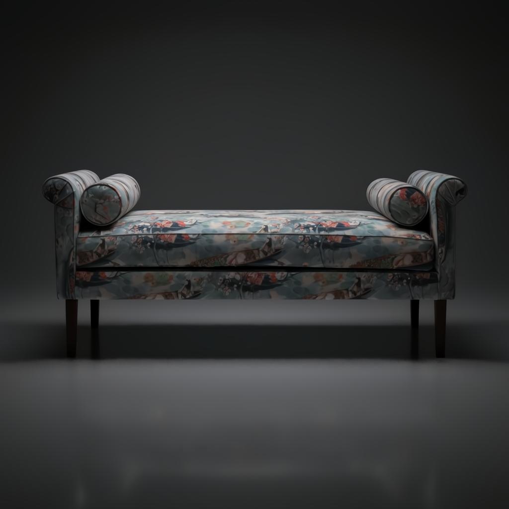 Surya Aneesa 60" wide indoor bench with a brown rubber wood base and a floral patterned upholstery.