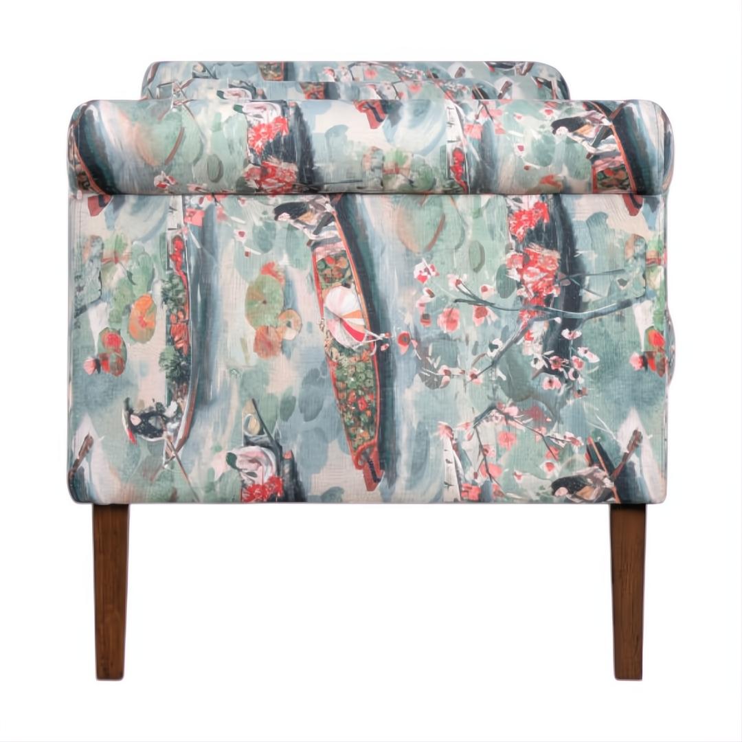 Surya Aneesa Bench with a colorful floral and nature print fabric, brown stained rubber wood legs.