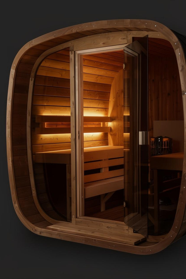 Auris Two luxury outdoor cedar barrel sauna with glass door, warm interior lighting, and wooden benches.