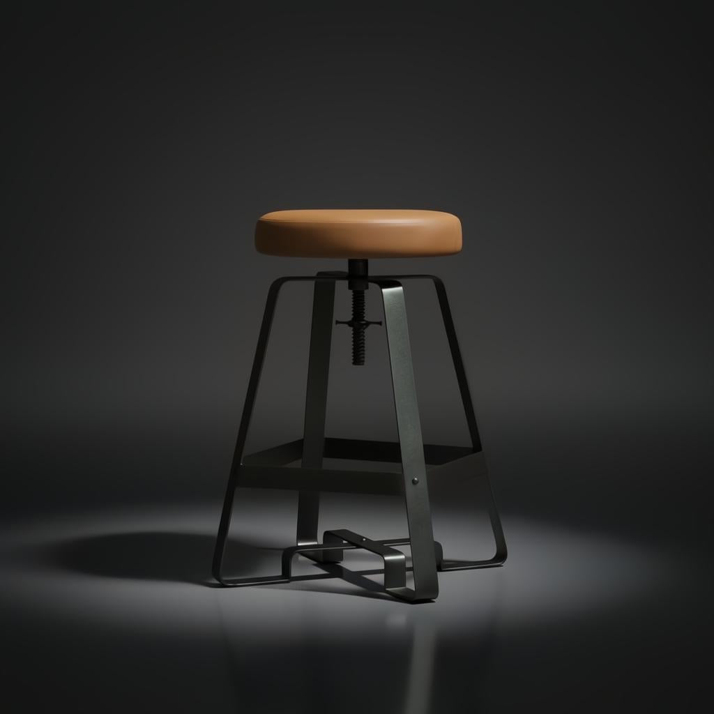 Surya Balin counter stool with brown polished leather top, black iron base, and spinning adjustable seat.
