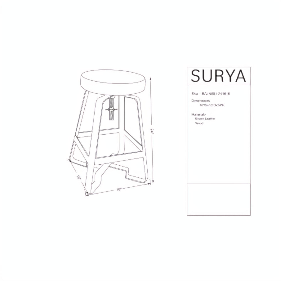 Surya Balin counter stool, brown polished leather top, black iron base, spinning adjustable seat, rustic industrial design.