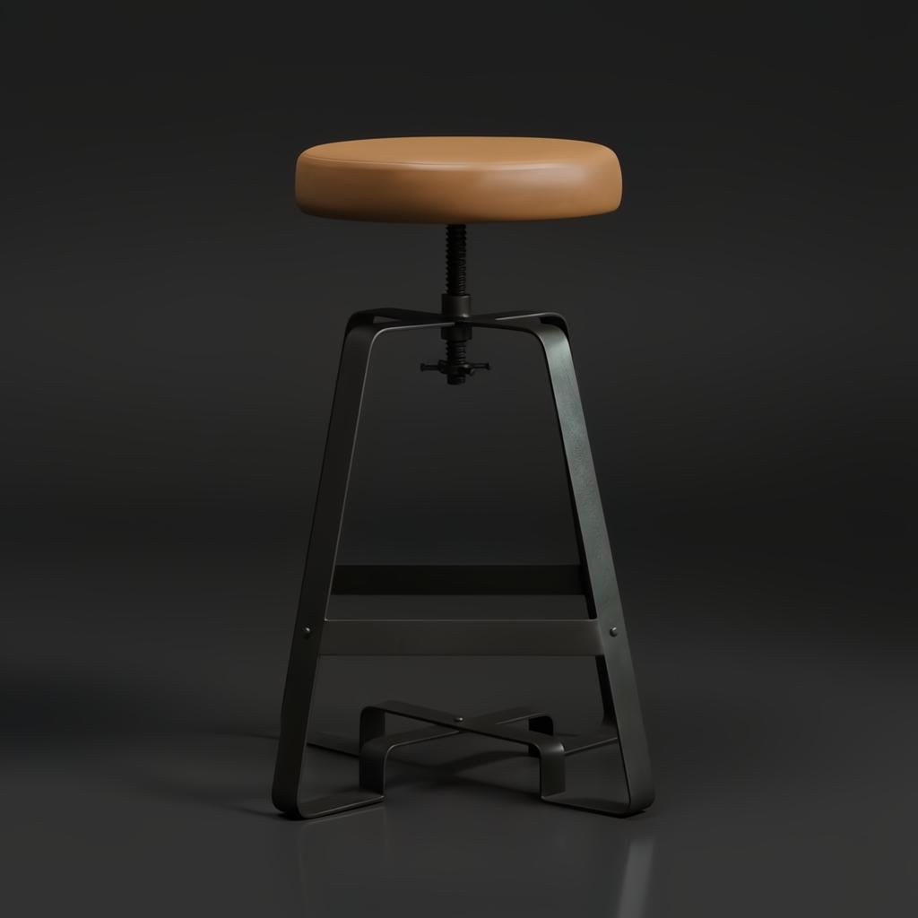 Surya Balin counter stool with brown polished leather seat, black iron base, and spinning adjustable height.