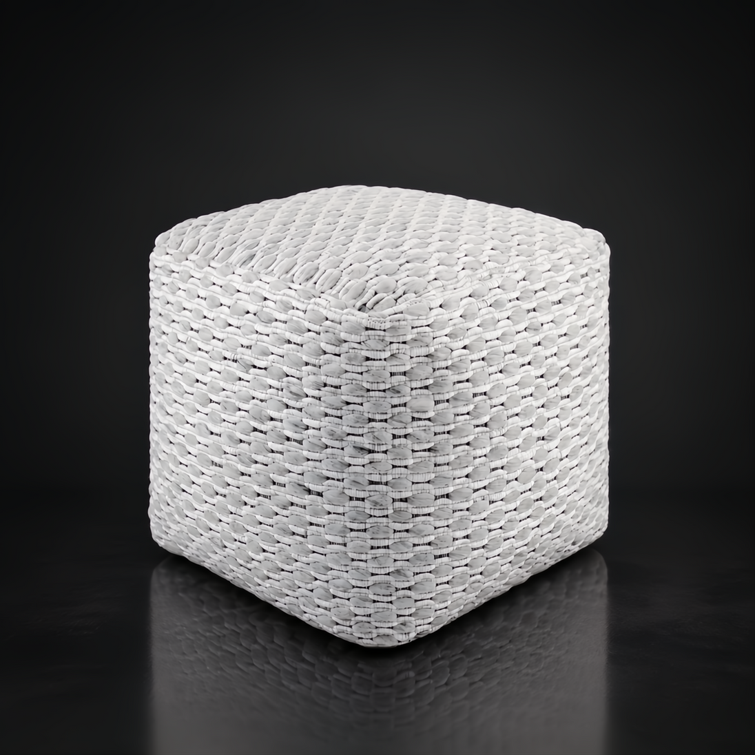White woven cube pouf with wool top, stitched detailing, and self-binding edge.