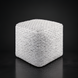 White woven cube pouf with wool top, stitched detailing, and self-binding edge.