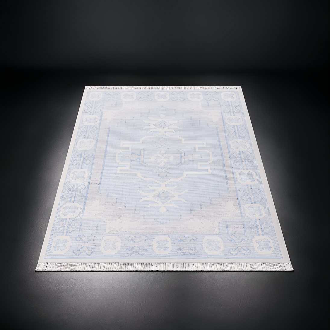 Light blue and white Surya Bursa area rug with traditional pattern and fringe, hand-woven from recycled PET yarn.