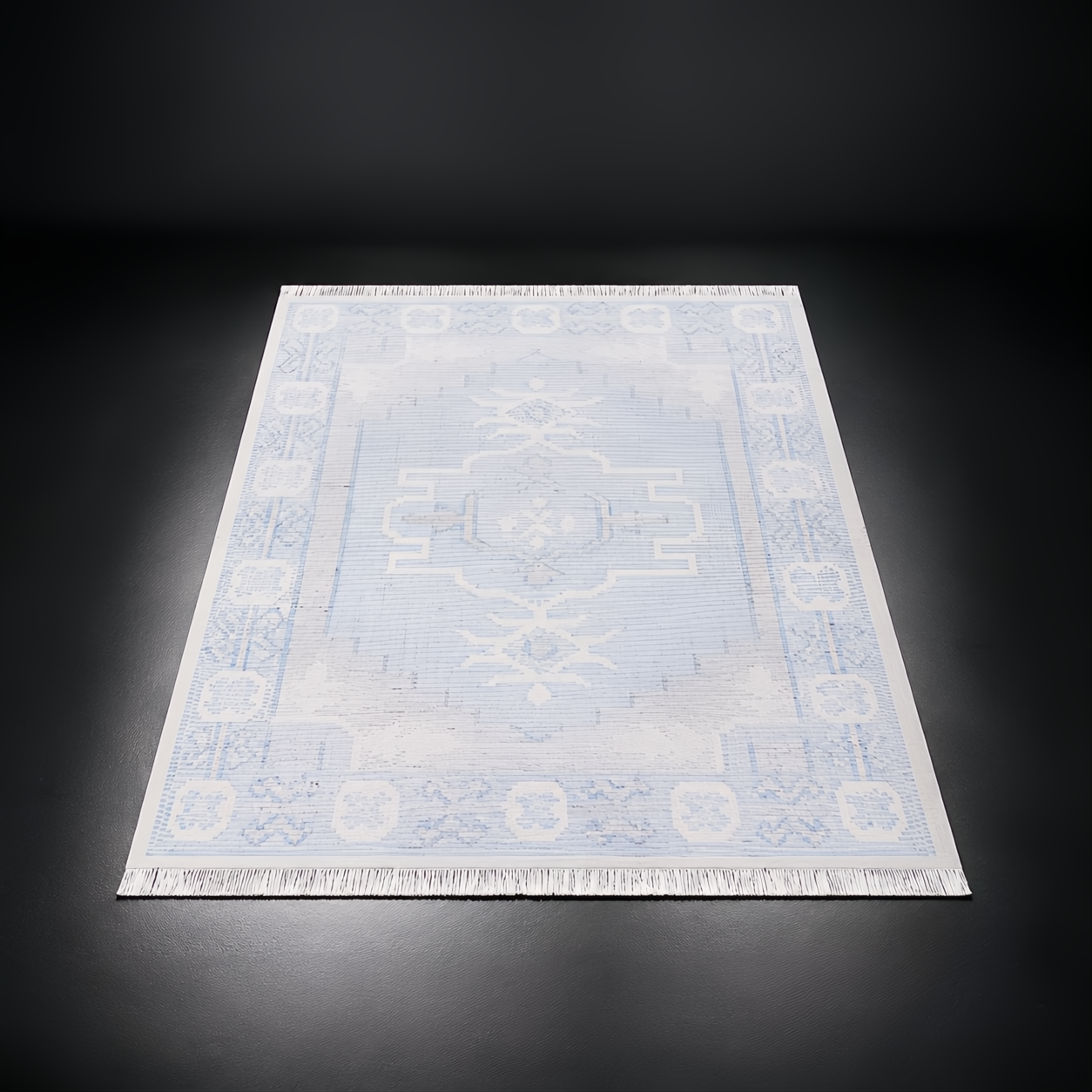 Light blue and white Surya Bursa area rug with traditional pattern and fringe, hand-woven from recycled PET yarn.