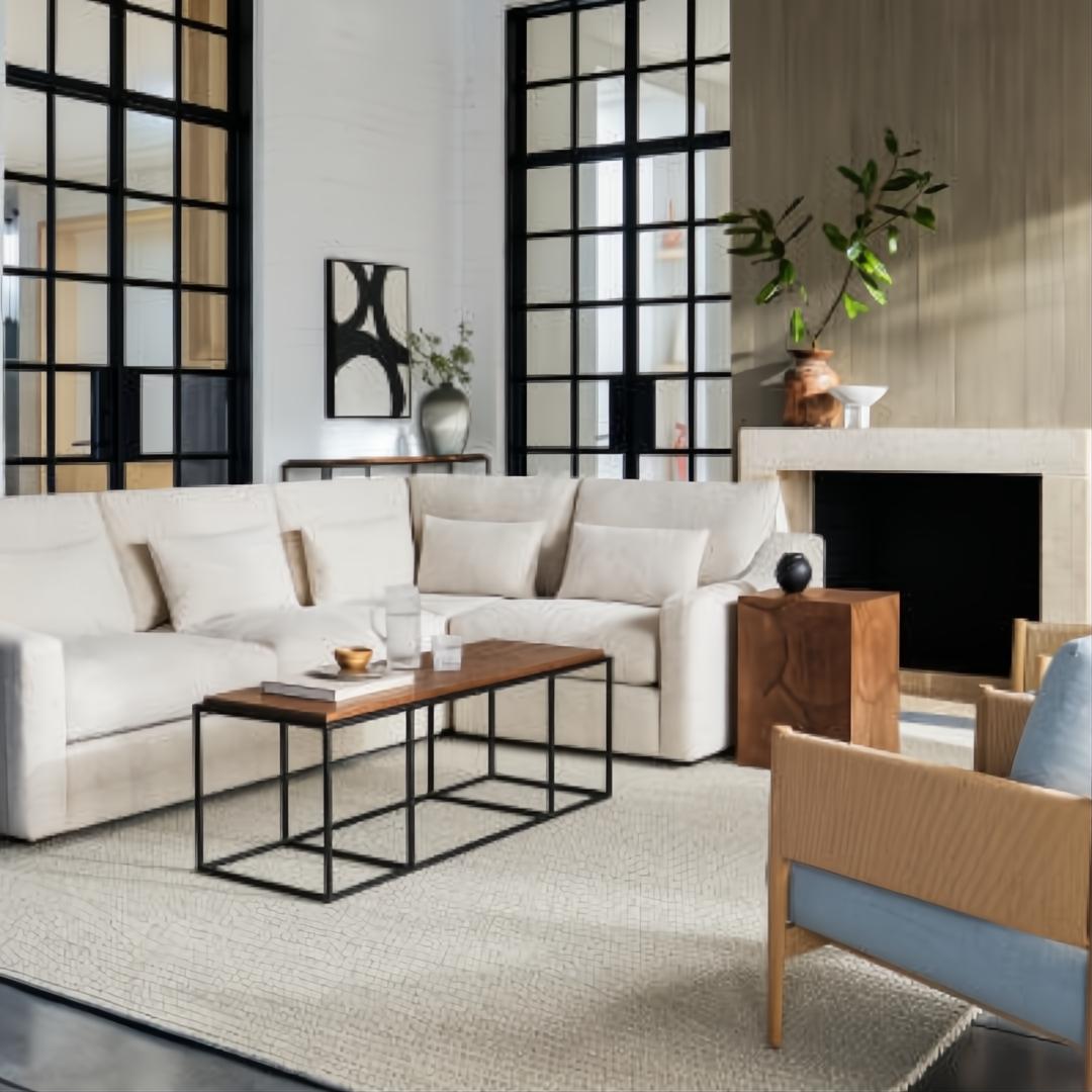 Spacious Surya Pedersen Left Arm Facing Sectional in light brown polyester with a dark wood coffee table.