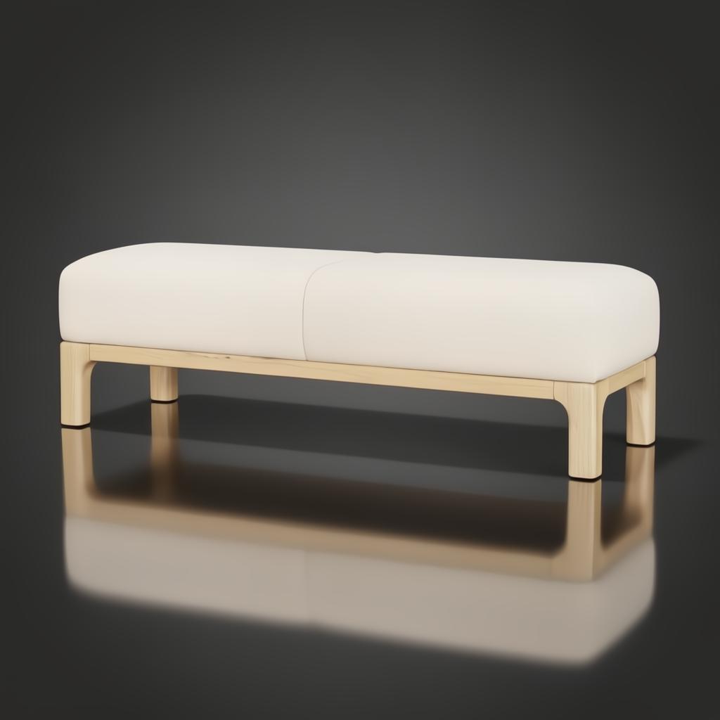 Light beige polyester upholstered bench with a beige stained red oak base and clean, versatile design.