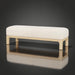 Light beige polyester upholstered bench with a beige stained red oak base and clean, versatile design.
