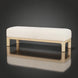 Light beige polyester upholstered bench with a beige stained red oak base and clean, versatile design.