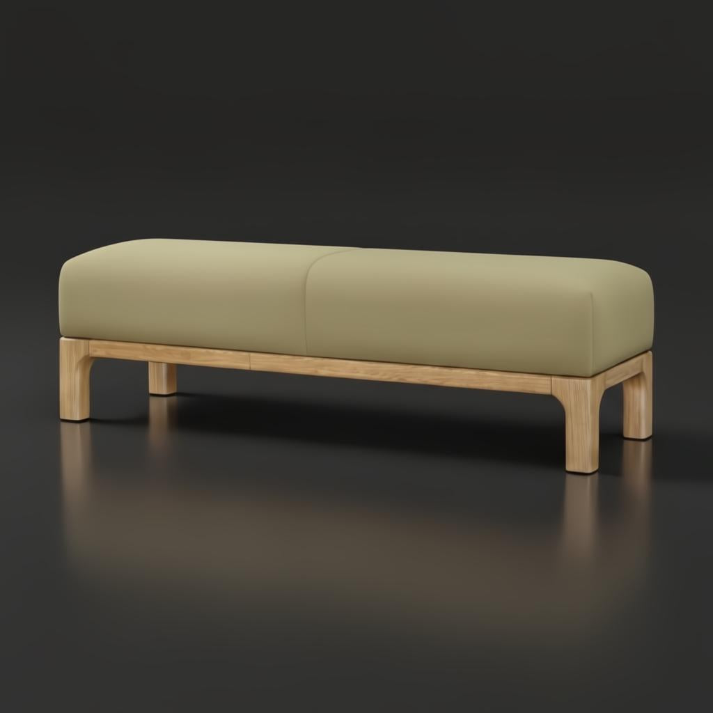 Surya Bradly Bench with olive polyester upholstery and a brown-stained red oak base.