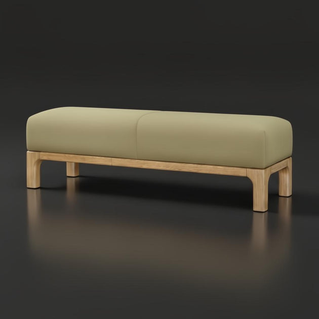 Surya Bradly Bench with olive polyester upholstery and a brown-stained red oak base.