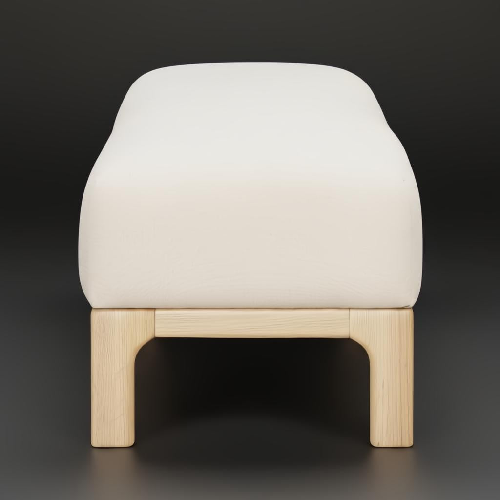 Light beige polyester Surya Bradly Bench with a simple design and beige stained red oak base.