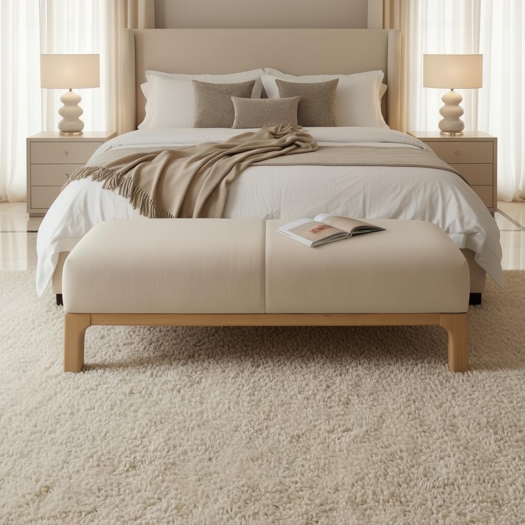 Light beige polyester Bradly Bench with a beige stained red oak base in a bedroom setting.