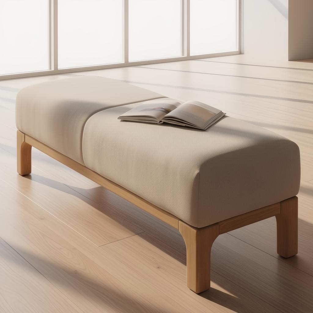 Light beige polyester Bradly Bench with a beige stained red oak base and an open magazine on top.