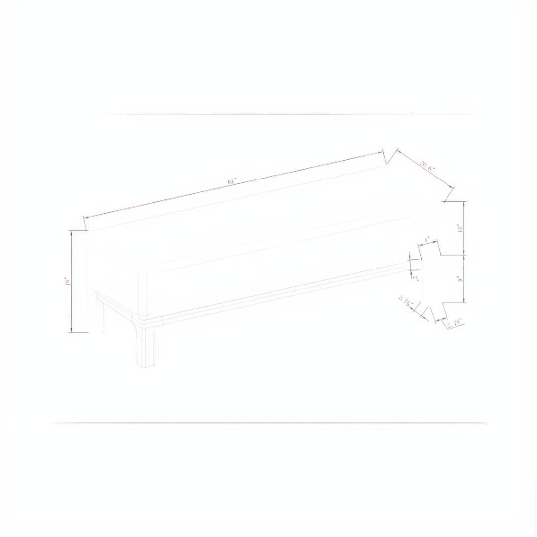 Line drawing of the Surya Bradly Bench, showing its 19"H x 61"W x 21"D dimensions and light beige upholstery.