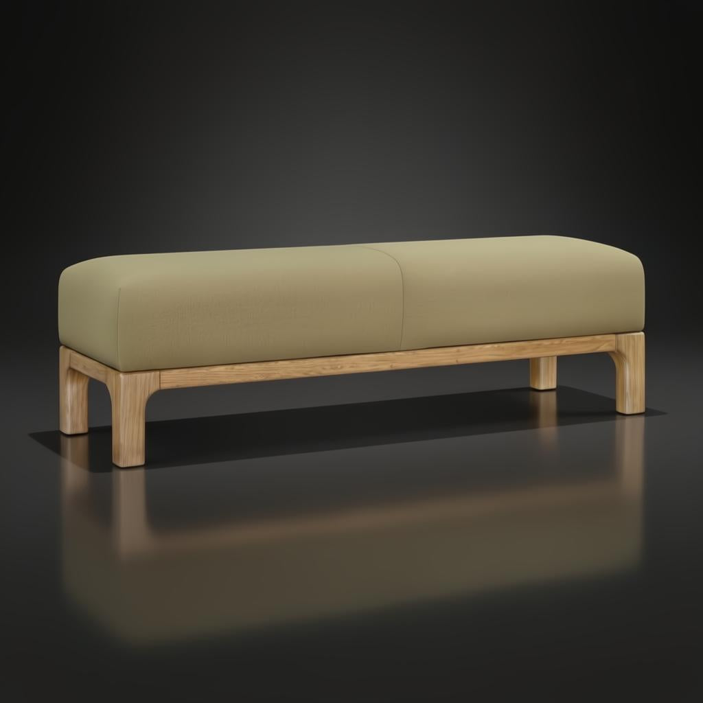 Surya Bradly Bench with olive polyester upholstery and a brown-stained red oak base.