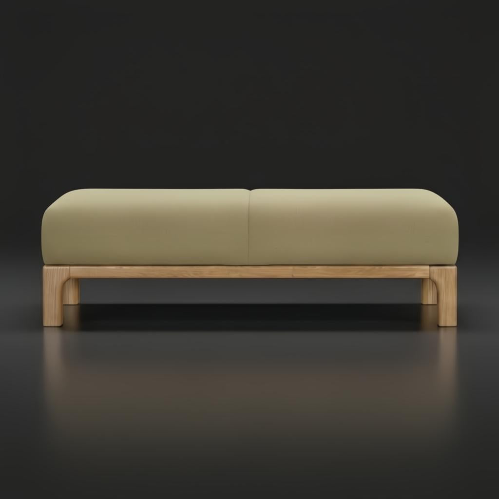 Surya Bradly Bench with olive polyester upholstery and a brown-stained red oak base.