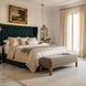 Surya Bradly Bench with olive polyester upholstery and brown-stained red oak base in a bedroom setting.