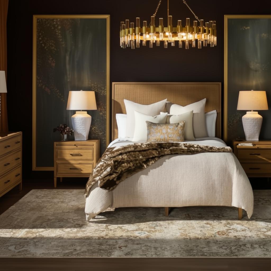Wide brown painted oak veneer dresser with soft-close drawers and a warm wood look in a bedroom setting.