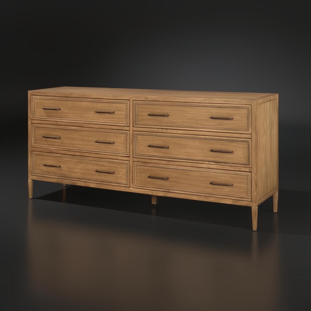 Wide brown painted oak veneer dresser with six soft-close drawers and bronze hardware.