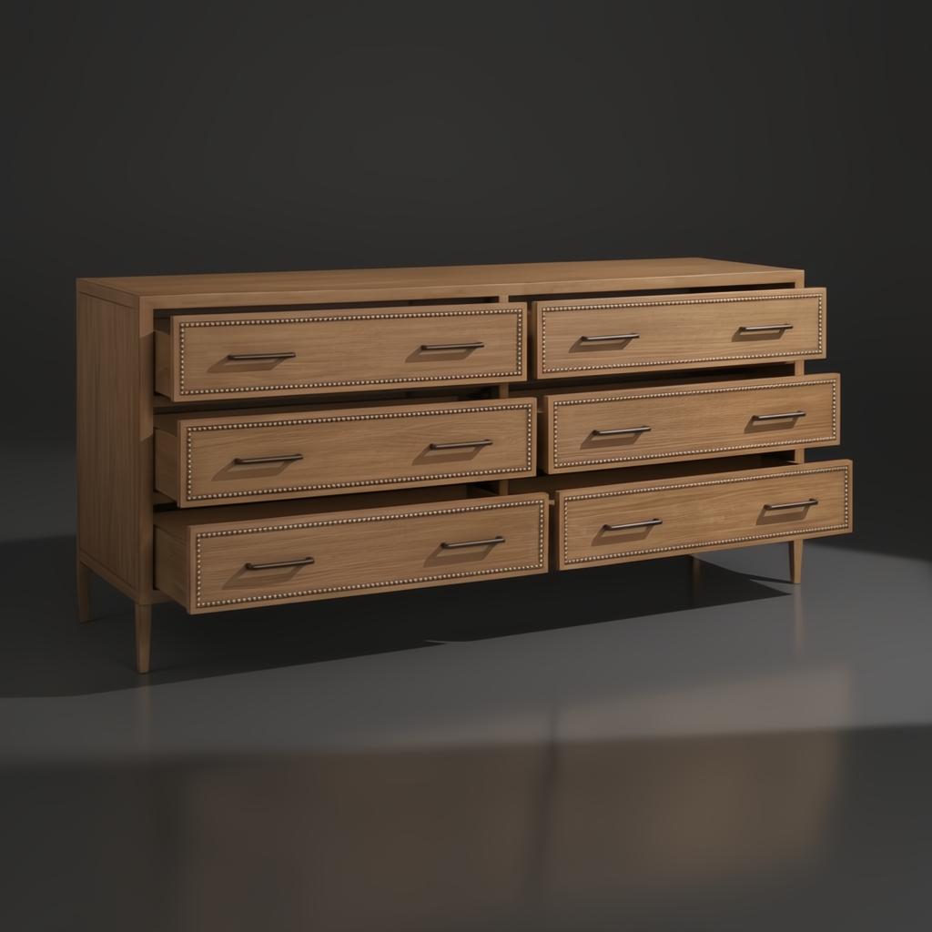 Surya Hermosa 72" wide brown painted oak veneer dresser with six drawers, some open, and metal pulls.