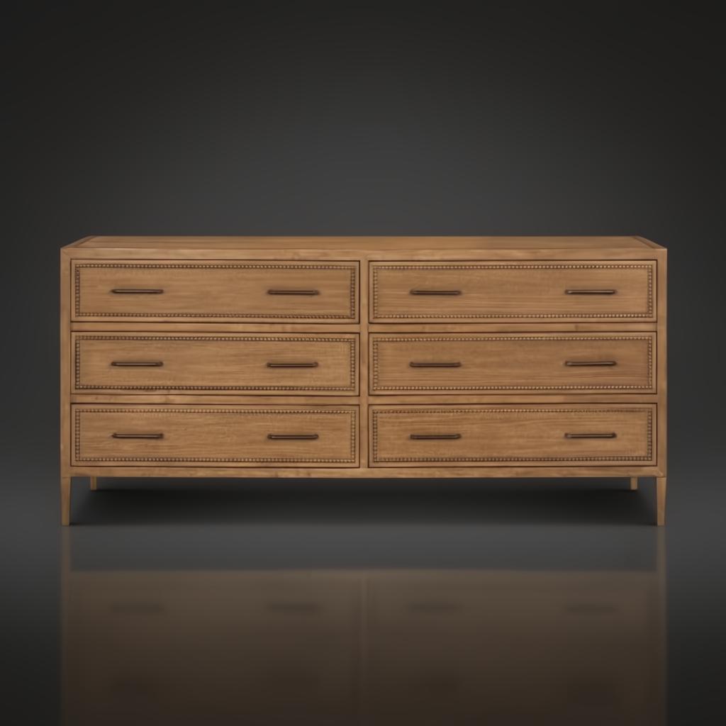 Surya Hermosa 72" wide brown painted oak veneer dresser with six soft-close drawers and mitered frame.