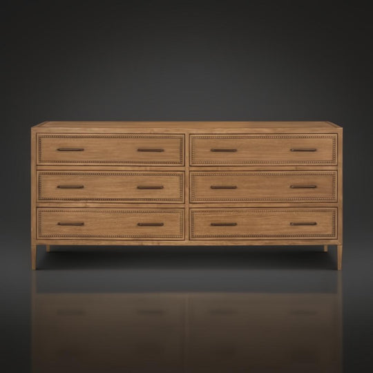 Surya Hermosa 72" wide brown painted oak veneer dresser with six soft-close drawers and mitered frame.