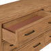 Brown painted oak veneer dresser with an open, felt-lined top drawer and dark bronze handles.