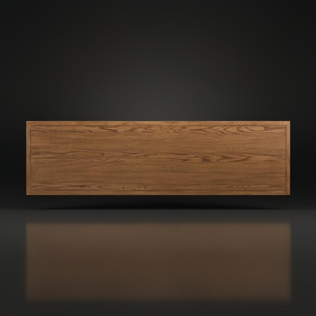 Top-down view of a wide brown painted oak veneer dresser with a three-way mitered frame.
