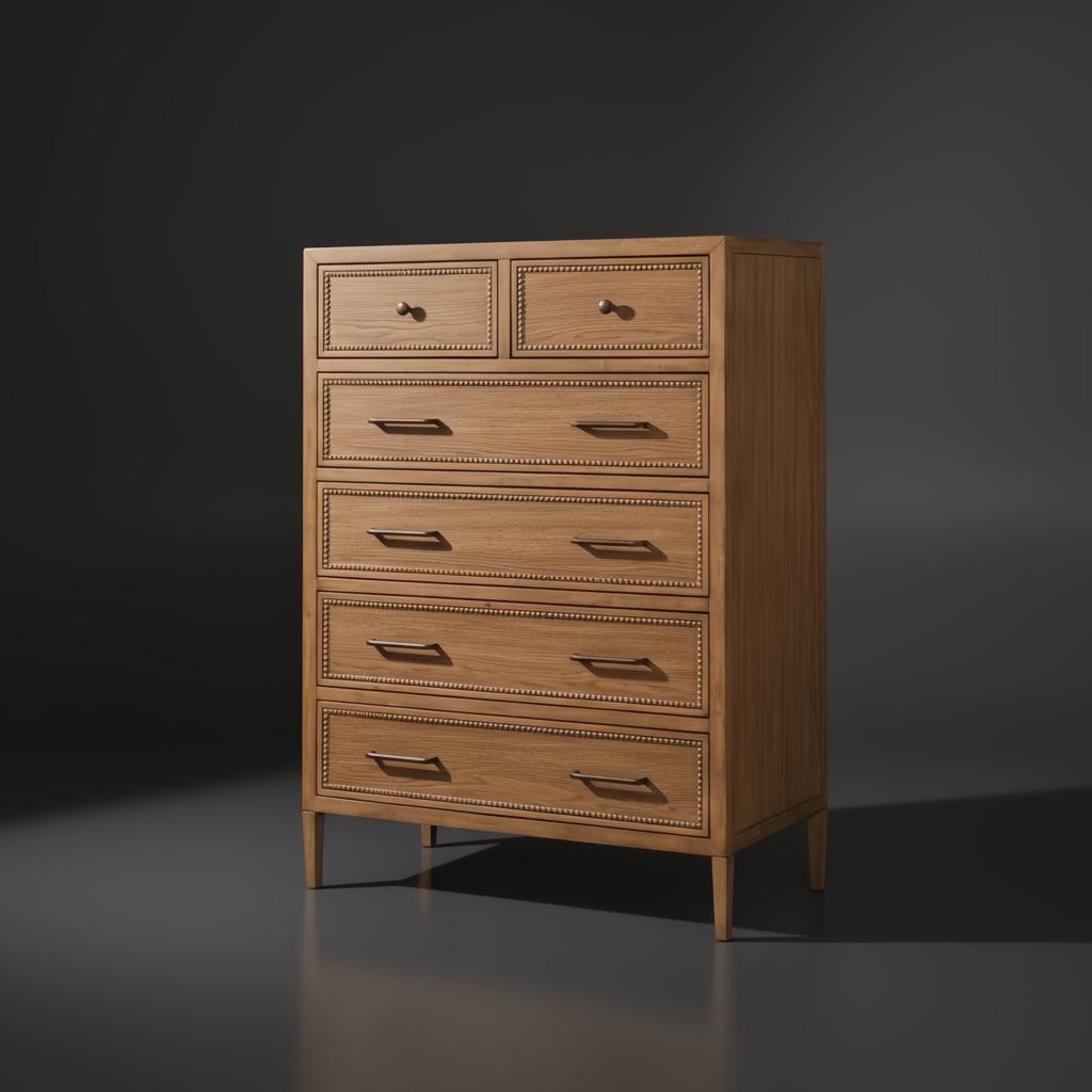 Surya Hermosa brown painted oak veneer dresser with six soft-close drawers and decorative trim.