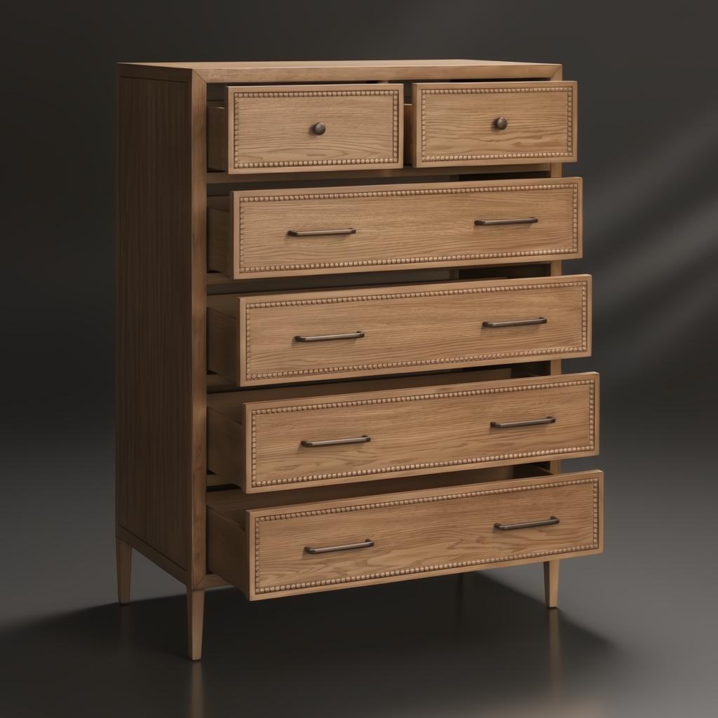 Brown painted oak veneer dresser with six drawers, two top drawers slightly open, and decorative trim.