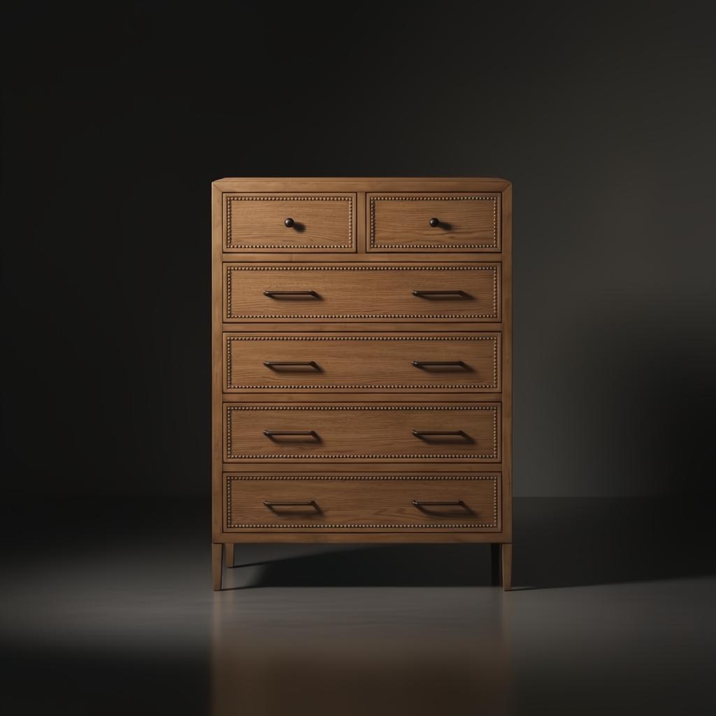 Surya Hermosa brown painted oak veneer dresser with six drawers and decorative trim.