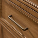 Close-up of a brown painted oak veneer dresser drawer with a dark bronze pull handle and beaded trim.
