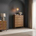 Brown painted oak veneer Hermosa dresser with six soft-close drawers and a three-way mitered frame.