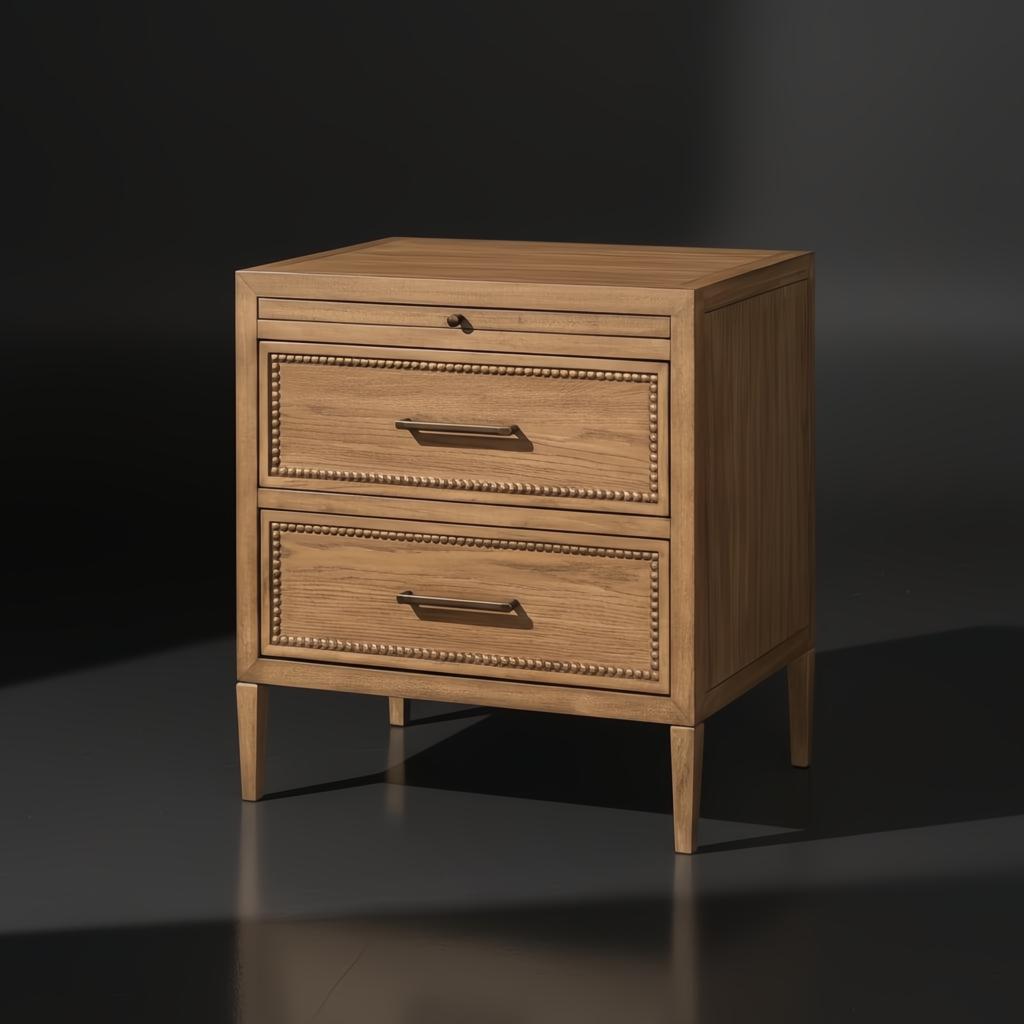 Surya Hermosa Nightstand: Brown natural wood nightstand with two drawers, metal pulls, and beaded trim.