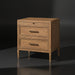 Surya Hermosa Nightstand: Brown natural wood nightstand with two drawers, metal pulls, and beaded trim.