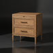 Surya Hermosa Nightstand: Brown natural wood nightstand with two drawers, metal pulls, and beaded trim.