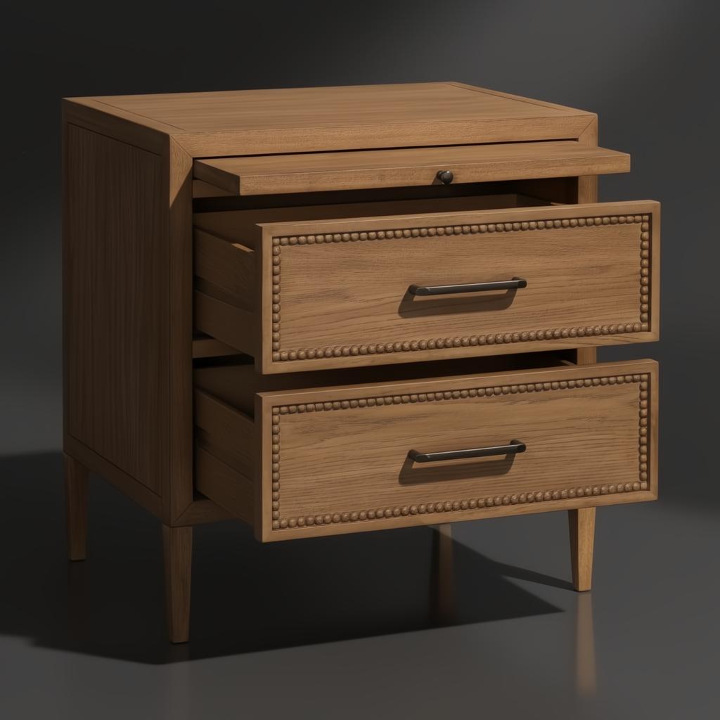 Brown natural wood nightstand with two open drawers featuring beaded trim and metal pulls, plus a pull-out shelf.