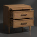 Brown natural wood nightstand with two open drawers featuring beaded trim and metal pulls, plus a pull-out shelf.